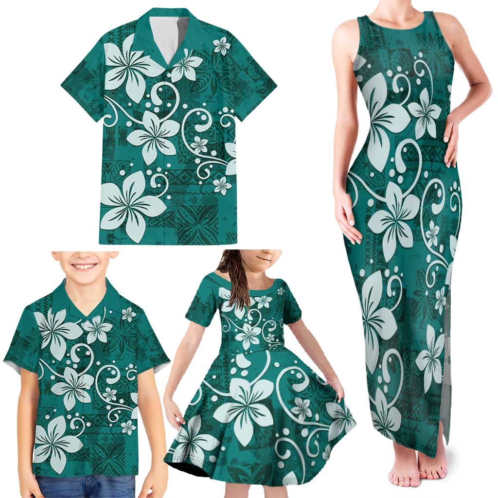 Plumeria Floral Tapa Pattern Crystal Teal Family Matching Tank Maxi Dress and Hawaiian Shirt