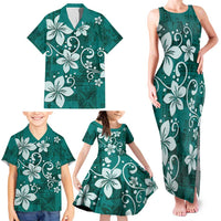 Plumeria Floral Tapa Pattern Crystal Teal Family Matching Tank Maxi Dress and Hawaiian Shirt LT01 - Polynesian Pride