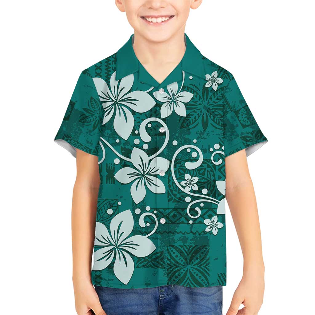 Plumeria Floral Tapa Pattern Crystal Teal Family Matching Tank Maxi Dress and Hawaiian Shirt LT01 Son's Shirt Teal - Polynesian Pride
