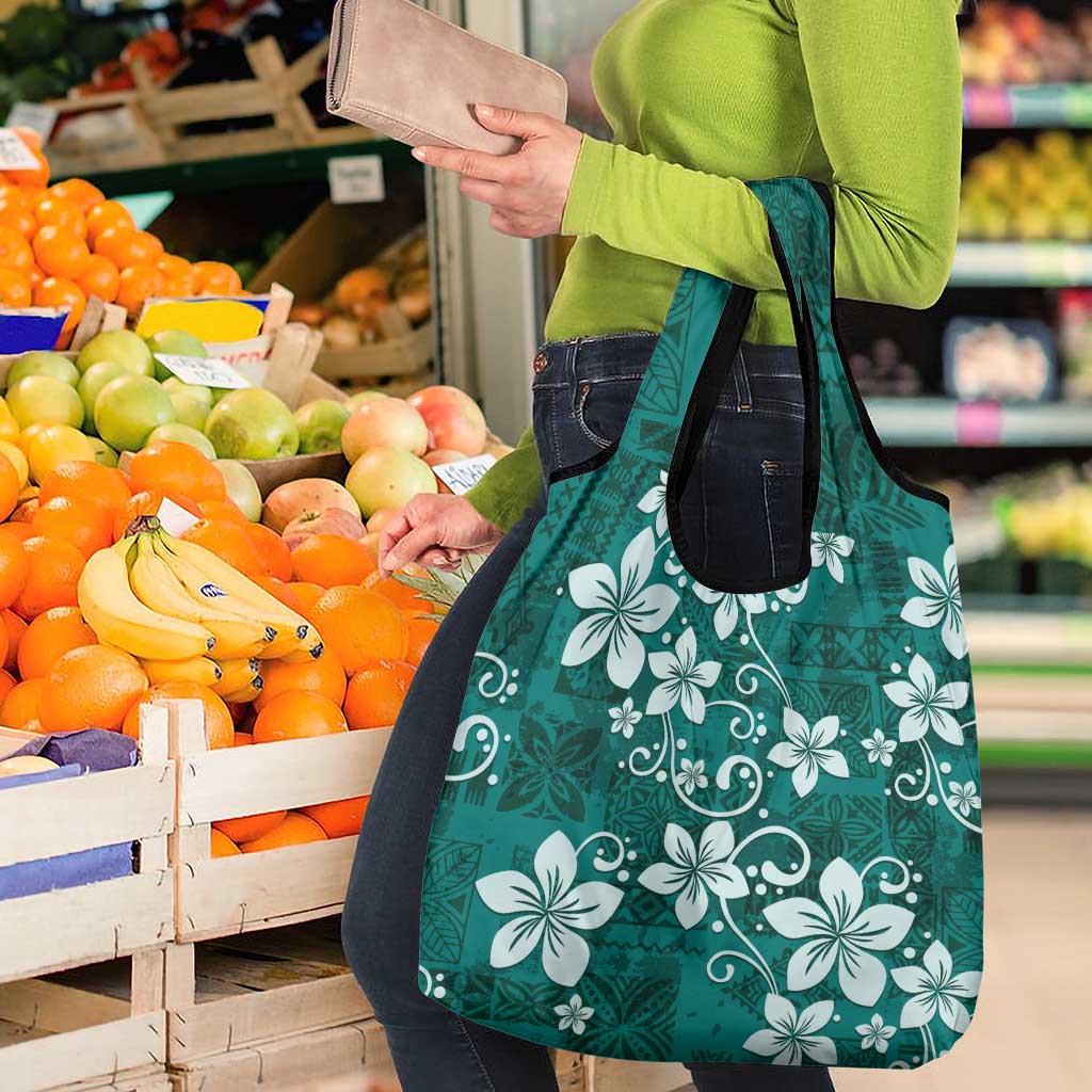 Plumeria Floral Tapa Pattern Crystal Teal Grocery Bag