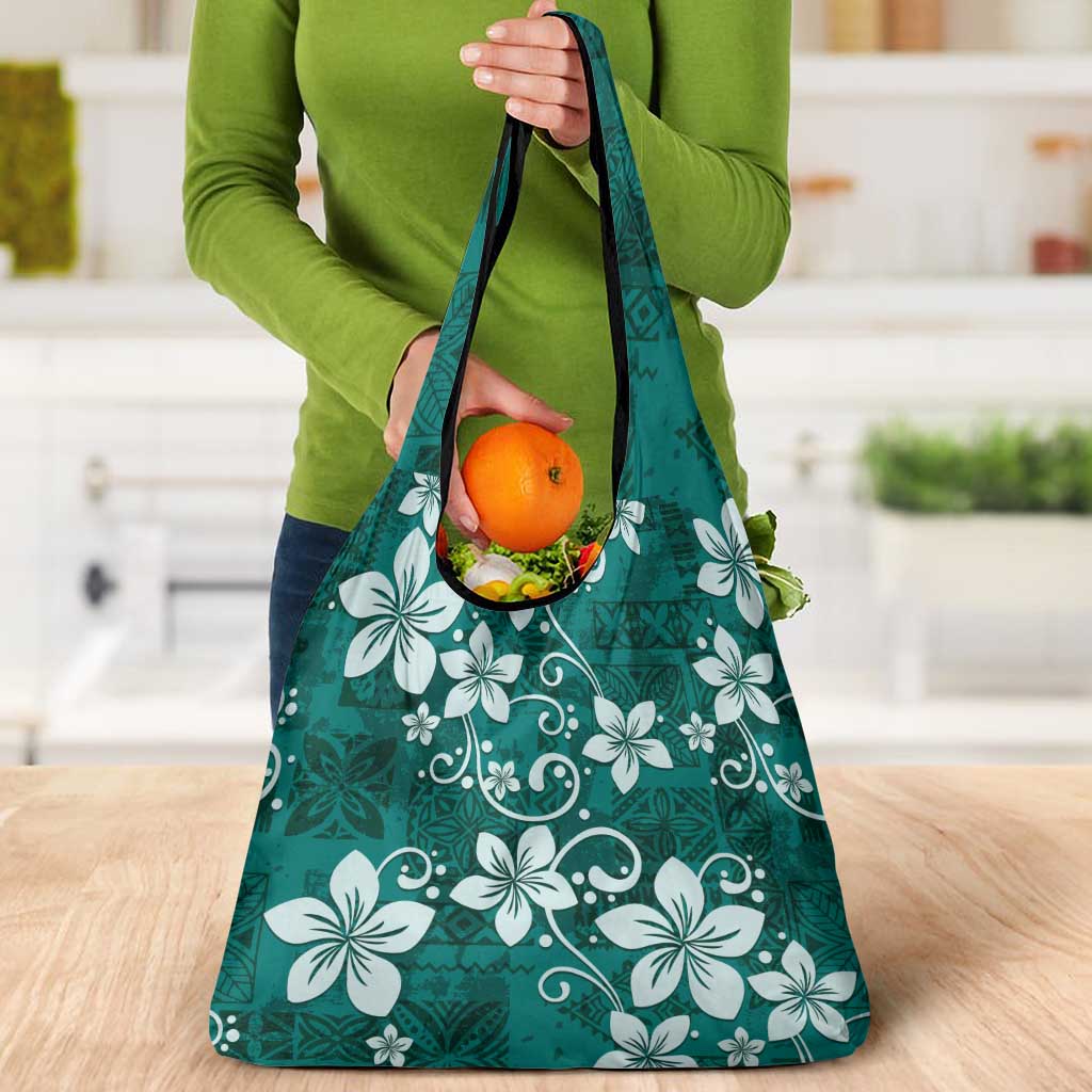 Plumeria Floral Tapa Pattern Crystal Teal Grocery Bag