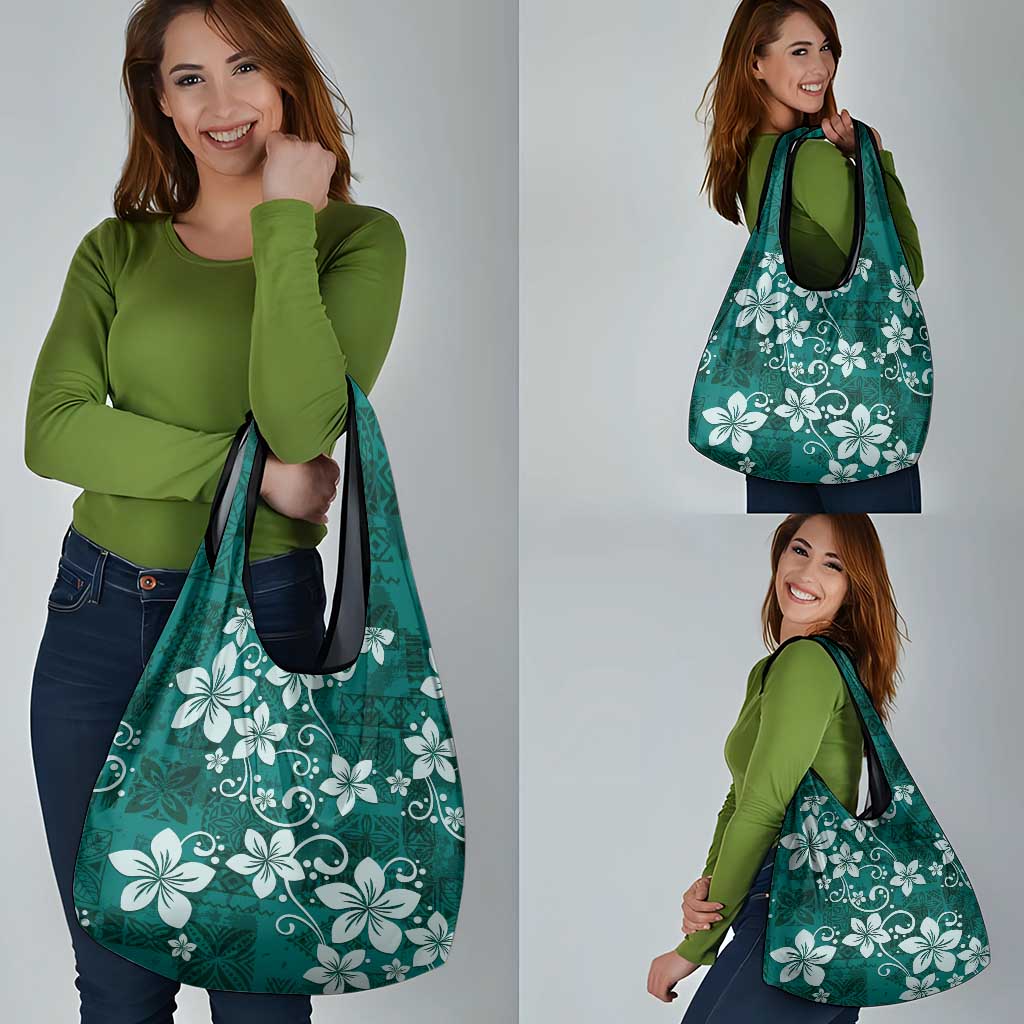 Plumeria Floral Tapa Pattern Crystal Teal Grocery Bag