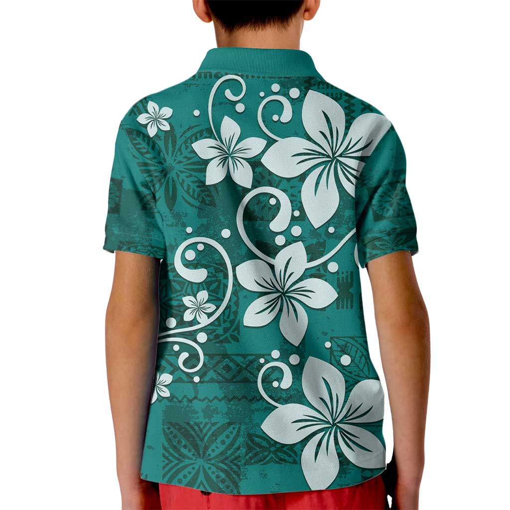 Plumeria Floral Tapa Pattern Crystal Teal Kid Polo Shirt