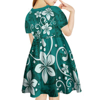 Plumeria Floral Tapa Pattern Crystal Teal Kid Short Sleeve Dress