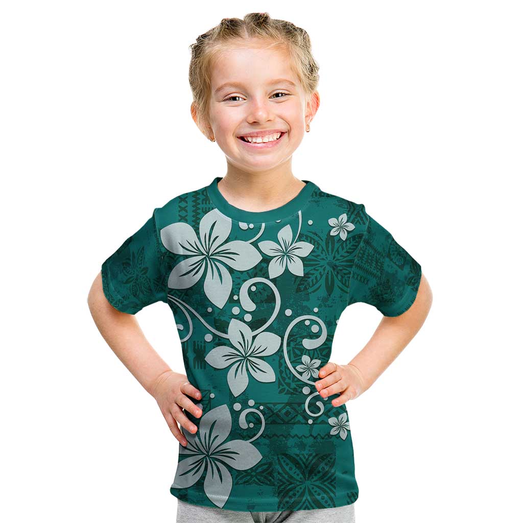 Plumeria Floral Tapa Pattern Crystal Teal Kid T Shirt