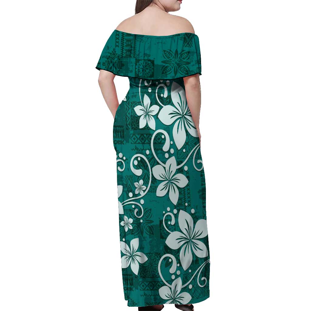 Plumeria Floral Tapa Pattern Crystal Teal Off Shoulder Maxi Dress