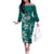 Plumeria Floral Tapa Pattern Crystal Teal Off The Shoulder Long Sleeve Dress