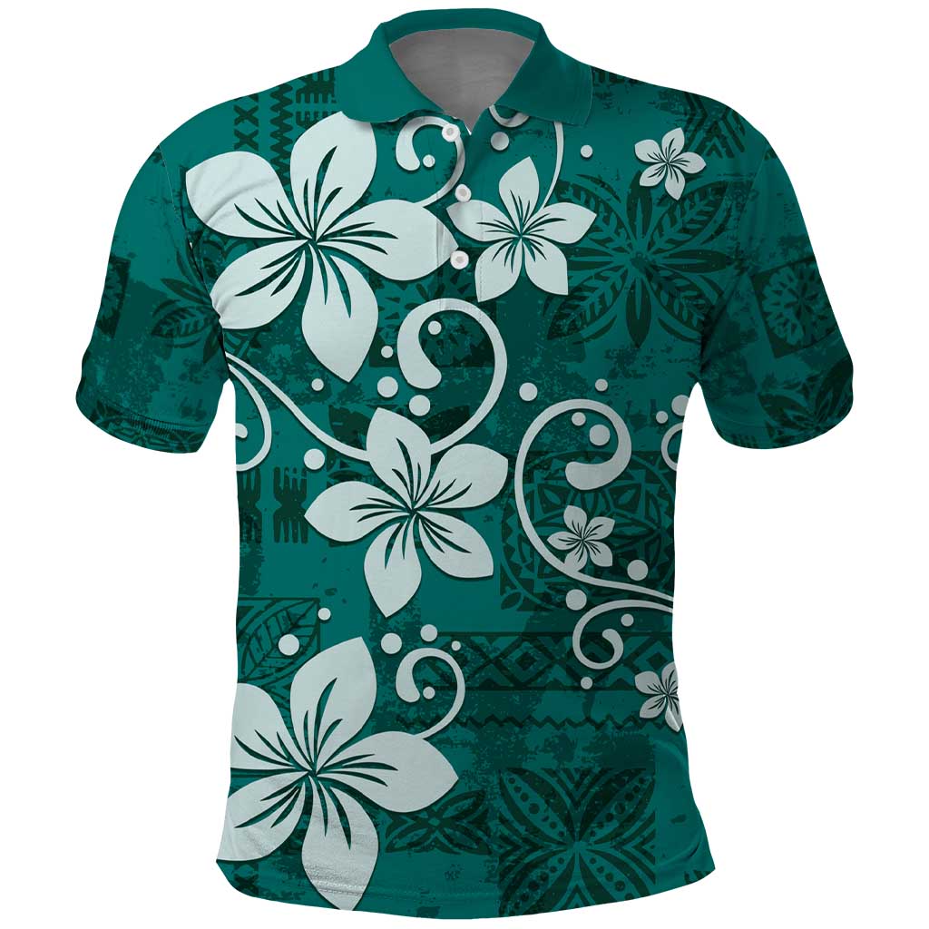 Plumeria Floral Tapa Pattern Crystal Teal Polo Shirt LT01 Teal - Polynesian Pride