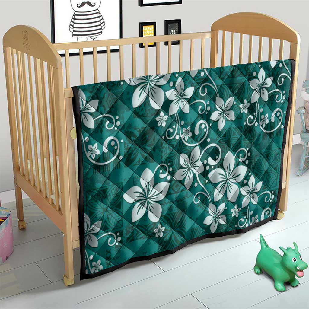 Plumeria Floral Tapa Pattern Crystal Teal Quilt