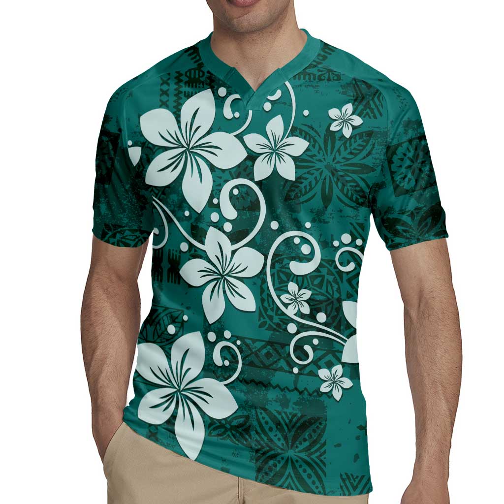 Plumeria Floral Tapa Pattern Crystal Teal Rugby Jersey