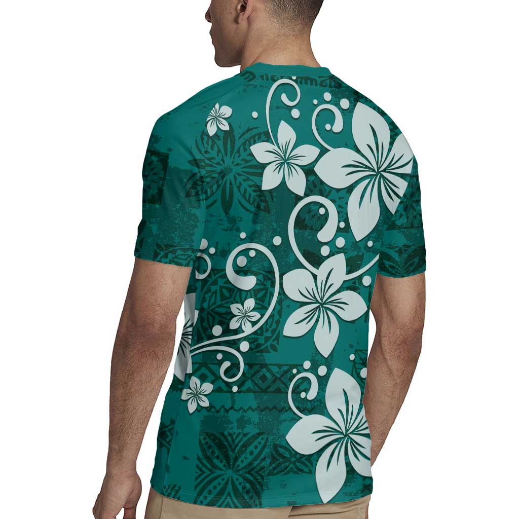 Plumeria Floral Tapa Pattern Crystal Teal Rugby Jersey