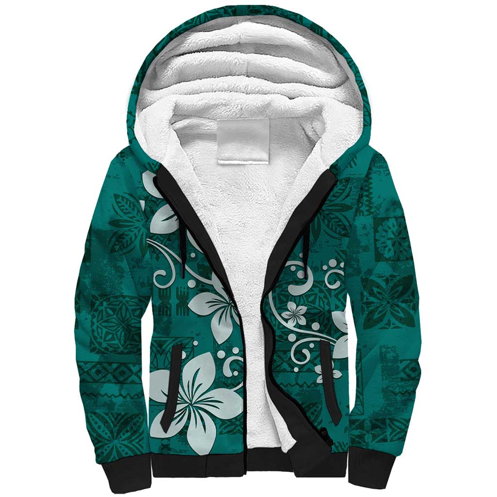 Plumeria Floral Tapa Pattern Crystal Teal Sherpa Hoodie