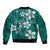 Plumeria Floral Tapa Pattern Crystal Teal Sleeve Zip Bomber Jacket