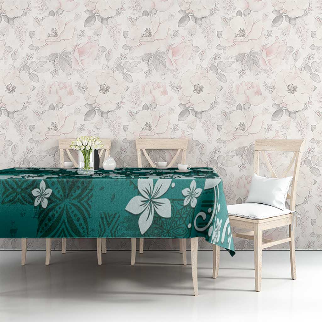 Plumeria Floral Tapa Pattern Crystal Teal Tablecloth
