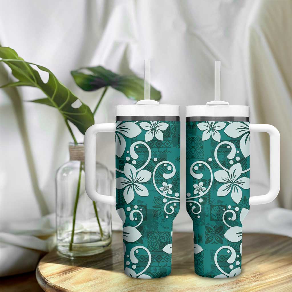Plumeria Floral Tapa Pattern Crystal Teal Tumbler With Handle