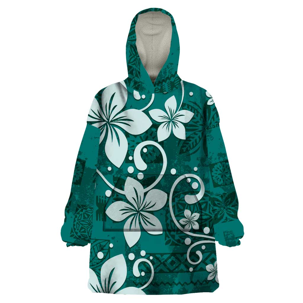 Plumeria Floral Tapa Pattern Crystal Teal Wearable Blanket Hoodie