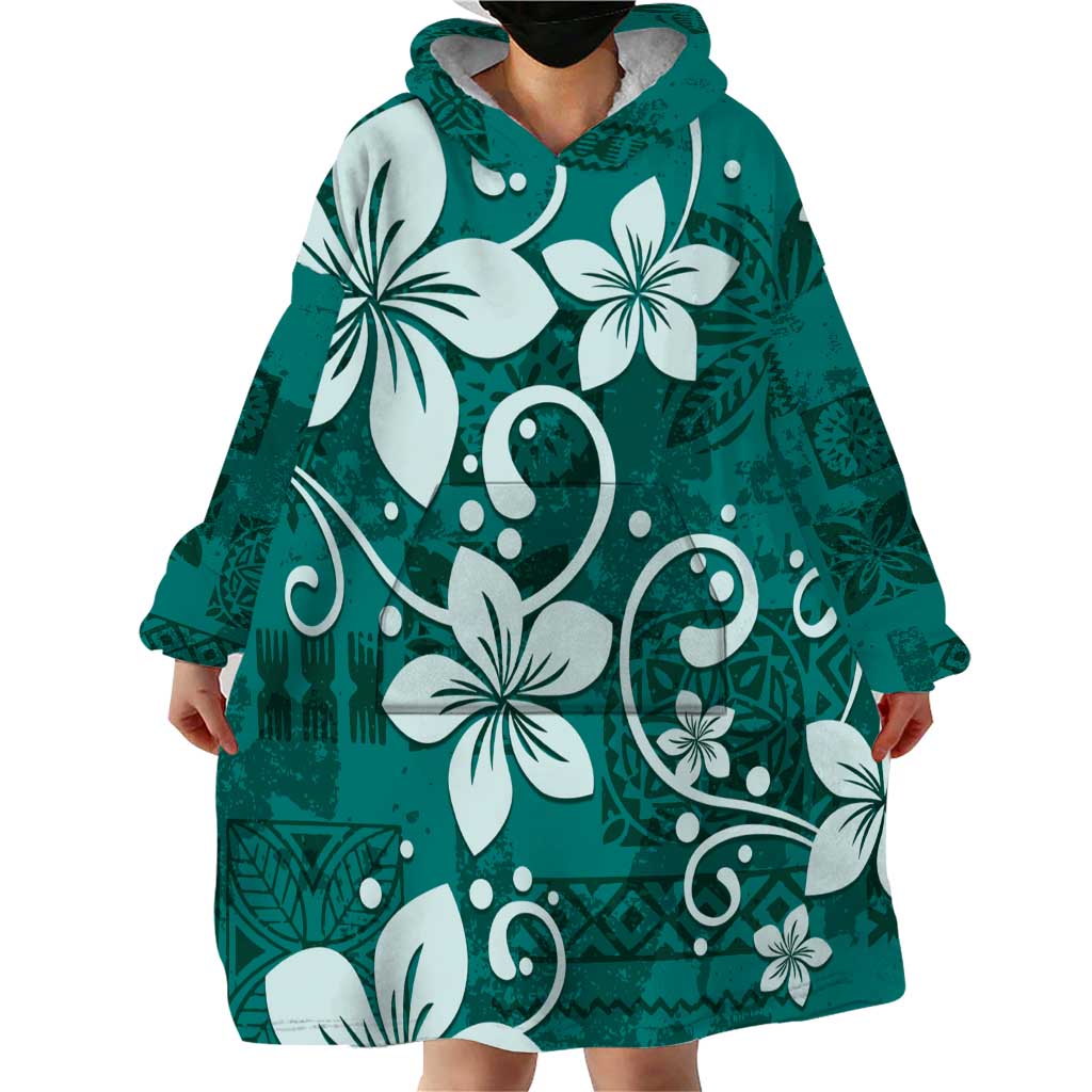 Plumeria Floral Tapa Pattern Crystal Teal Wearable Blanket Hoodie
