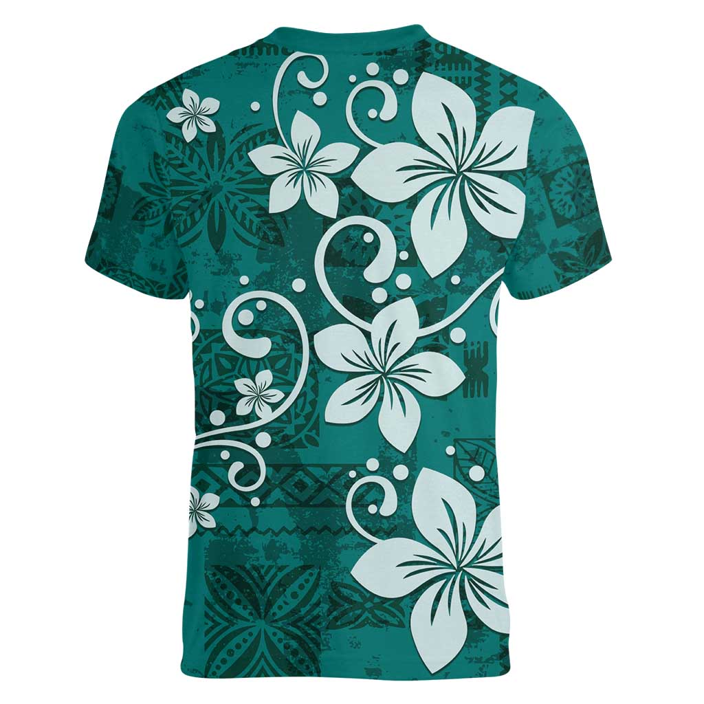Plumeria Floral Tapa Pattern Crystal Teal Women V-Neck T-Shirt LT01 - Polynesian Pride