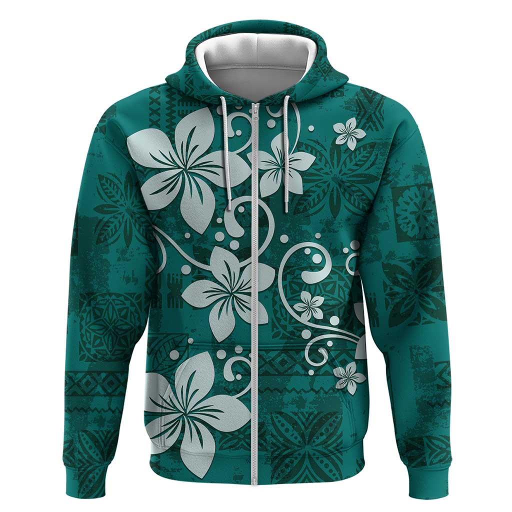 Plumeria Floral Tapa Pattern Crystal Teal Zip Hoodie LT01 Zip Hoodie Teal - Polynesian Pride