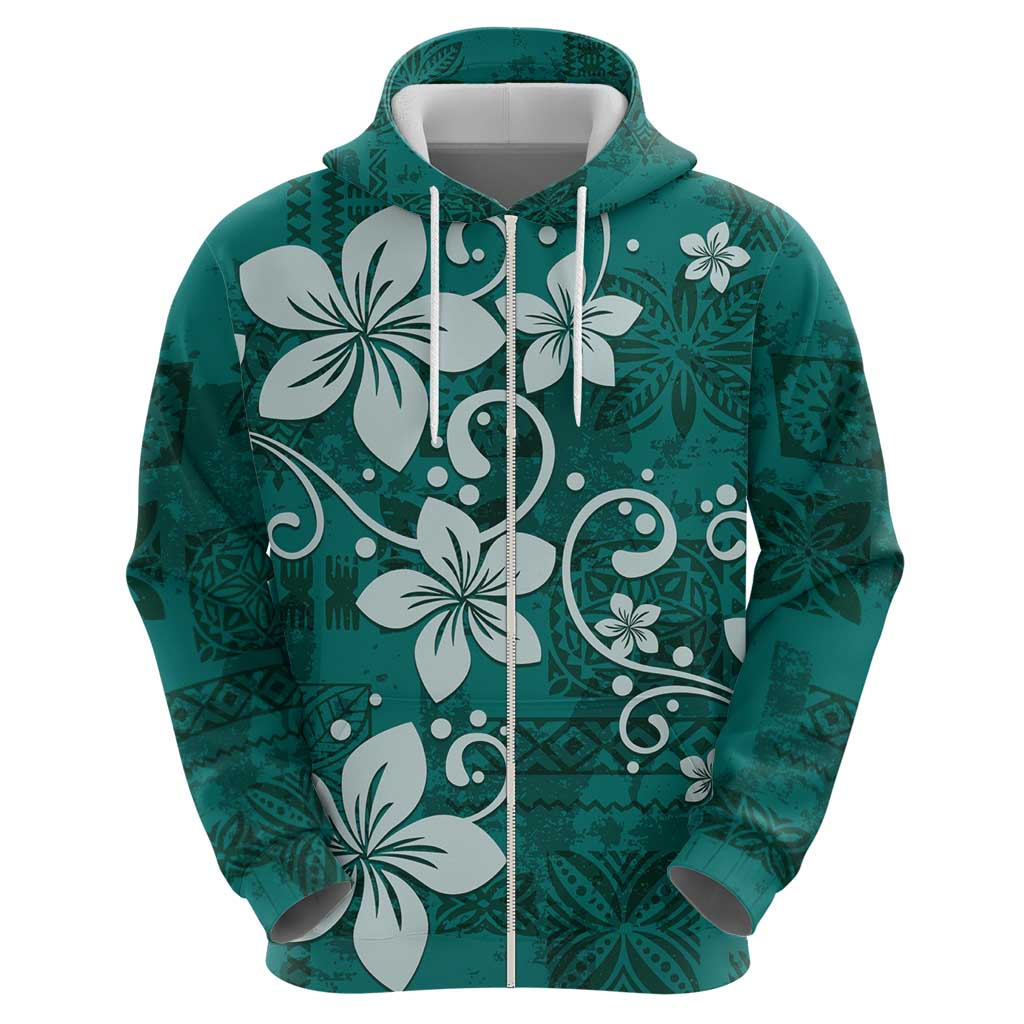 Plumeria Floral Tapa Pattern Crystal Teal Zip Hoodie LT01 - Polynesian Pride