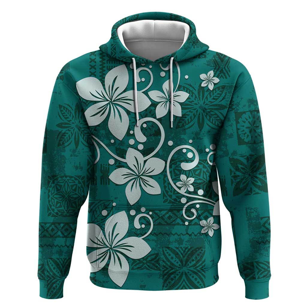 Plumeria Floral Tapa Pattern Crystal Teal Zip Hoodie LT01 Pullover Hoodie Teal - Polynesian Pride