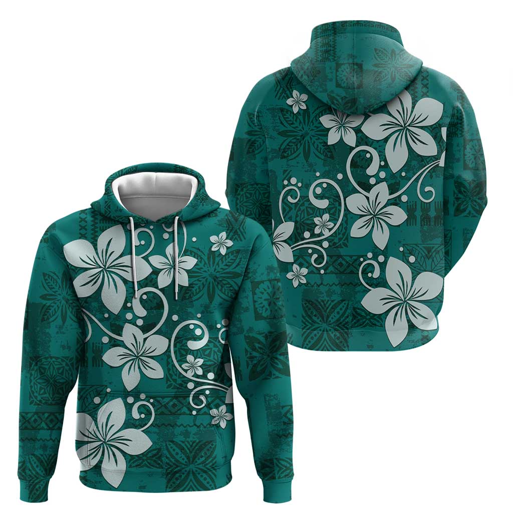 Plumeria Floral Tapa Pattern Crystal Teal Zip Hoodie LT01 - Polynesian Pride