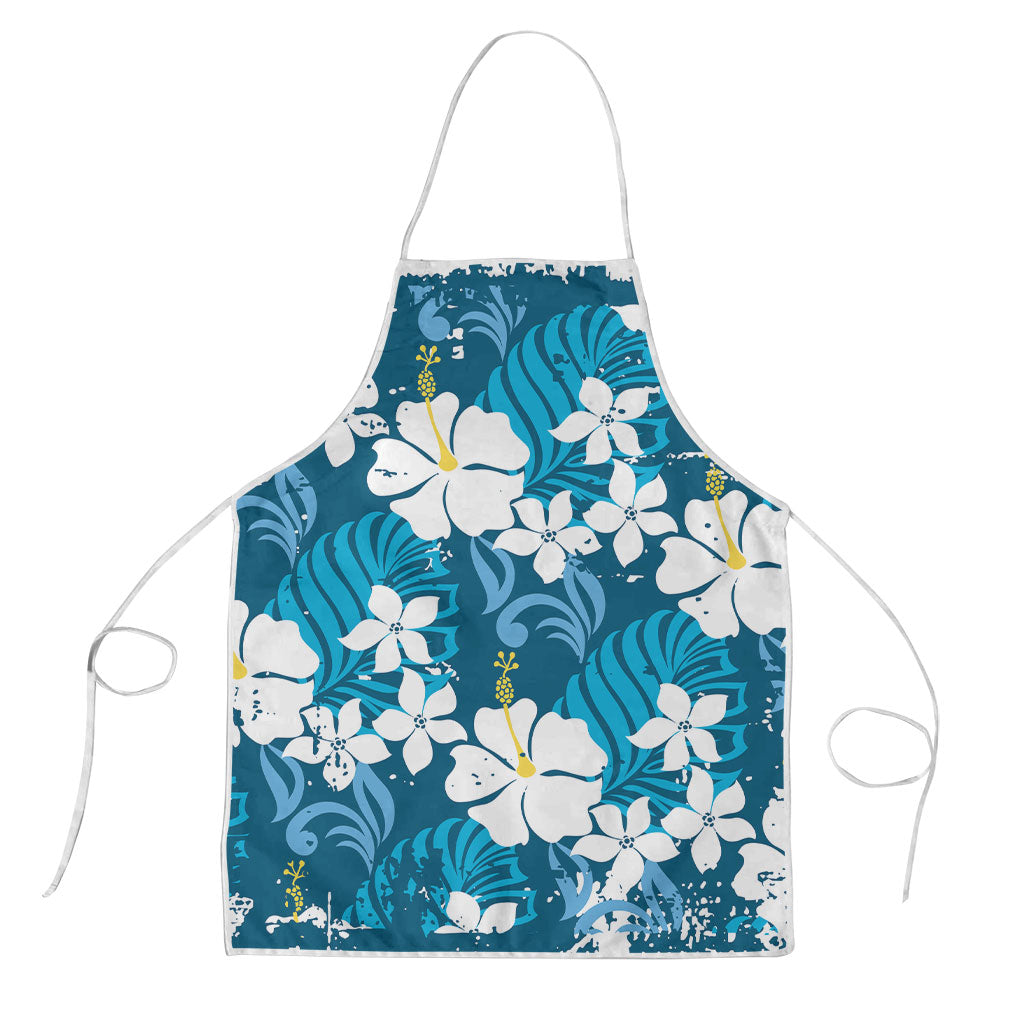 Blue Hawaiian Hibiscus Monstera Apron Grunge Stylized LT01 Blue - Polynesian Pride