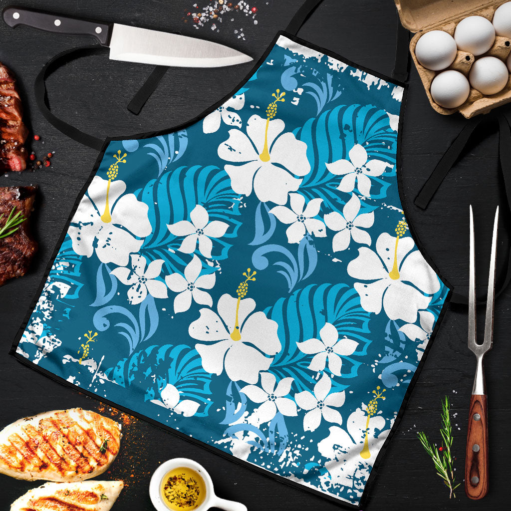 Blue Hawaiian Hibiscus Monstera Apron Grunge Stylized LT01 Blue - Polynesian Pride