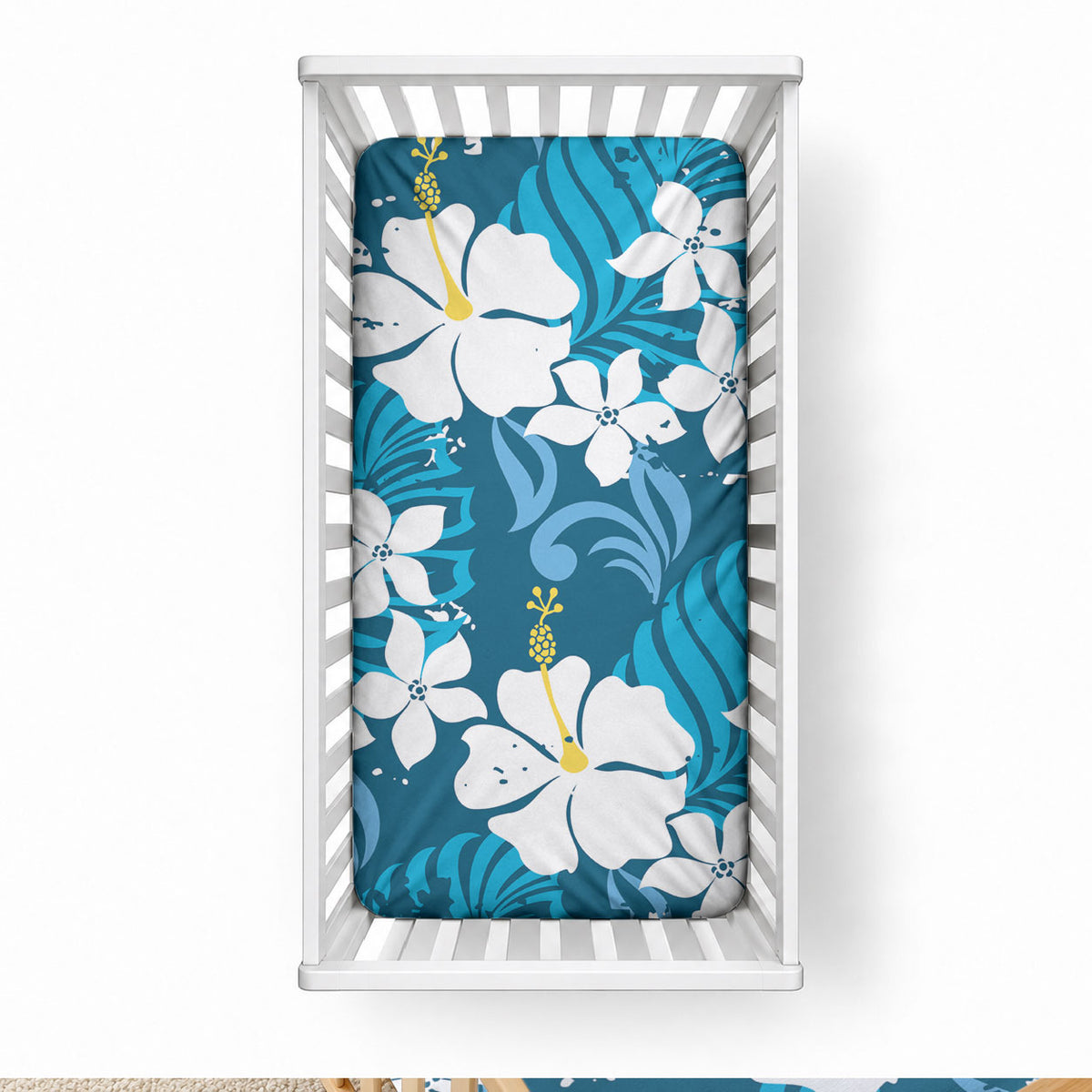 Blue Hawaiian Hibiscus Monstera Baby Bed Cover Grunge Stylized LT01 28 × 52 in Blue - Polynesian Pride