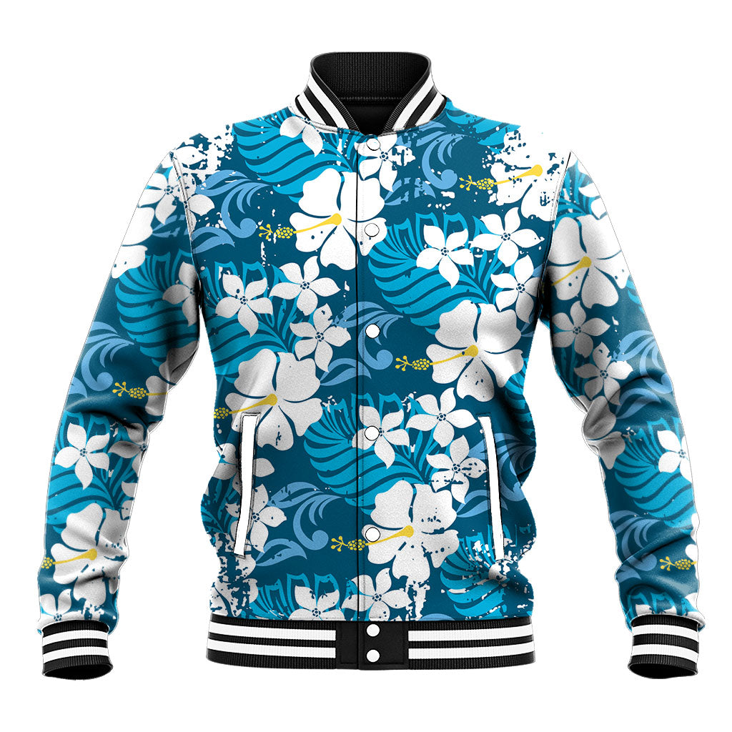 Blue Hawaiian Hibiscus Monstera Baseball Jacket Grunge Stylized LT01 Unisex Blue - Polynesian Pride
