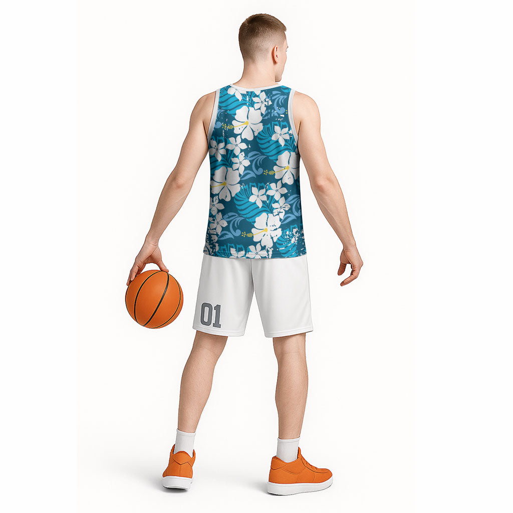 Blue Hawaiian Hibiscus Monstera Basketball Jersey Grunge Stylized LT01 - Polynesian Pride