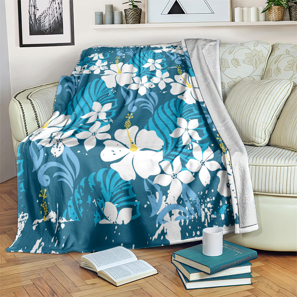 Blue Hawaiian Hibiscus Monstera Blanket Grunge Stylized LT01 Blue - Polynesian Pride