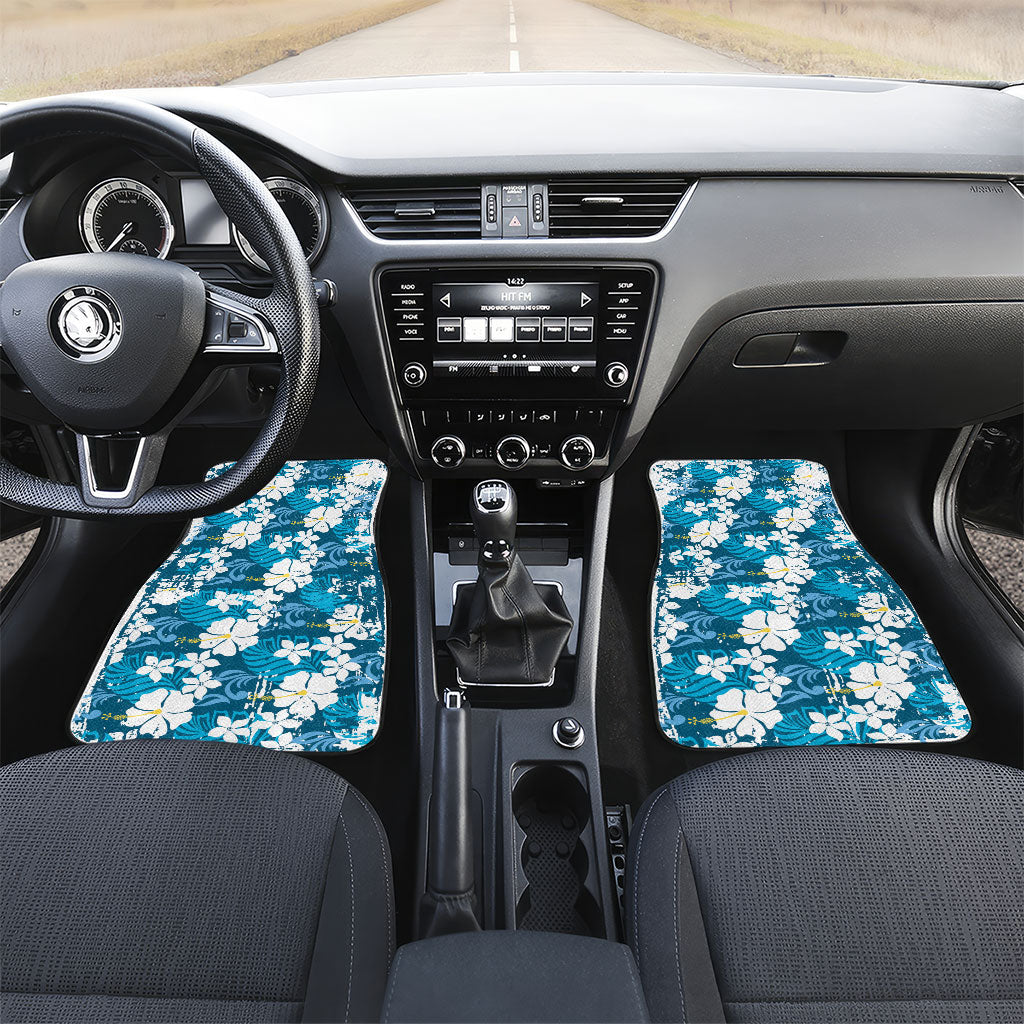 Blue Hawaiian Hibiscus Monstera Car Mats Grunge Stylized LT01 Set 2pcs - Front Blue - Polynesian Pride