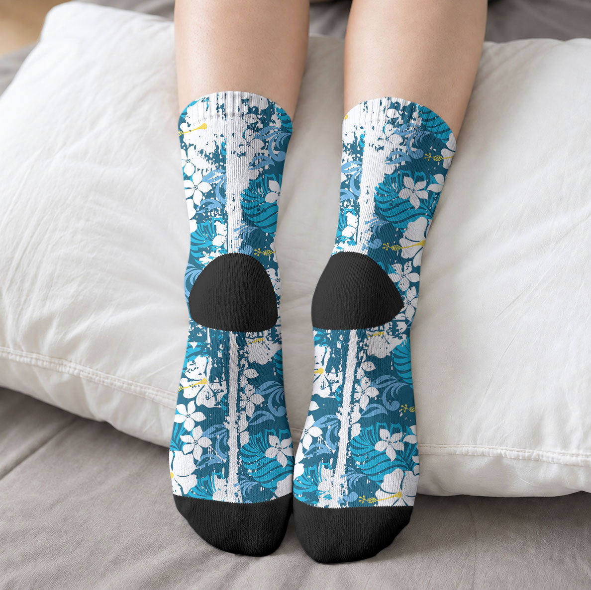 Blue Hawaiian Hibiscus Monstera Crew Socks Grunge Stylized LT01 - Polynesian Pride