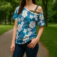 Blue Hawaiian Hibiscus Monstera Cross Shoulder Shirt Grunge Stylized LT01 - Polynesian Pride