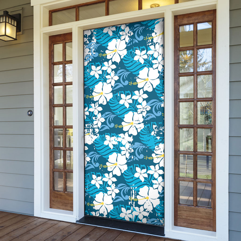Blue Hawaiian Hibiscus Monstera Door Cover Grunge Stylized LT01 - Polynesian Pride