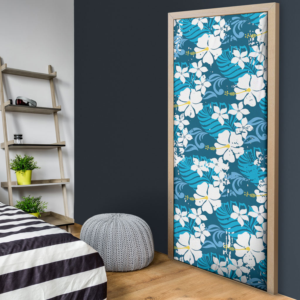 Blue Hawaiian Hibiscus Monstera Door Cover Grunge Stylized LT01 - Polynesian Pride