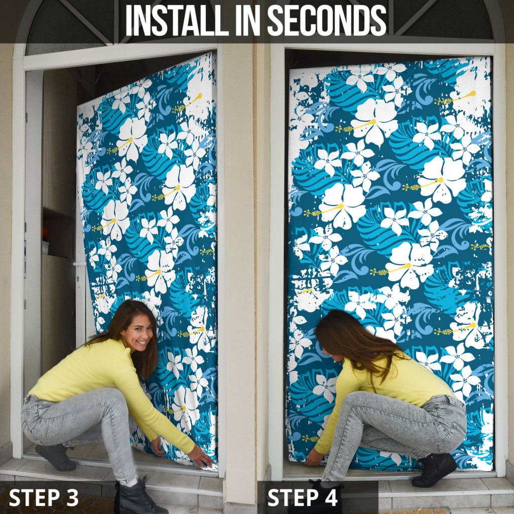 Blue Hawaiian Hibiscus Monstera Door Cover Grunge Stylized LT01 - Polynesian Pride