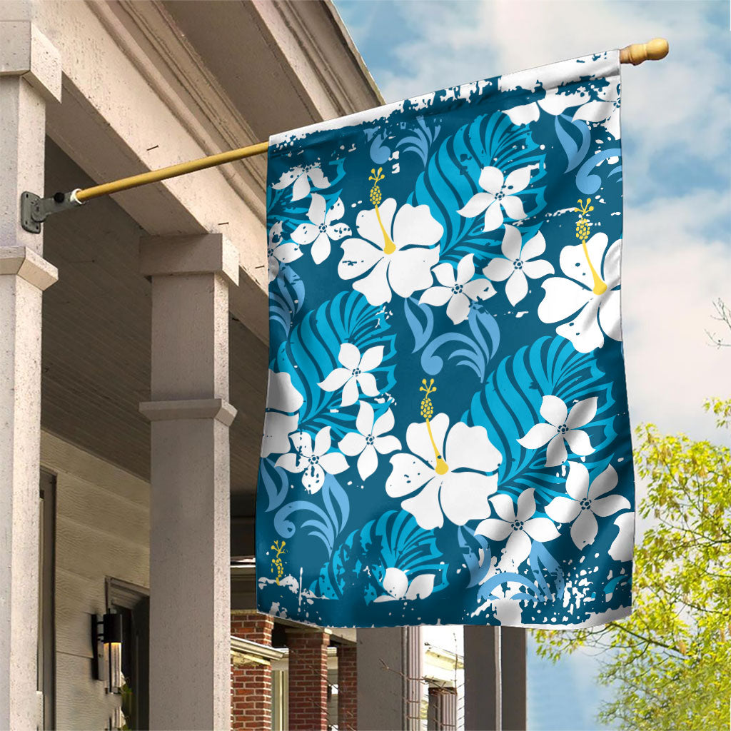 Blue Hawaiian Hibiscus Monstera Garden Flag Grunge Stylized LT01 House Flag Blue - Polynesian Pride