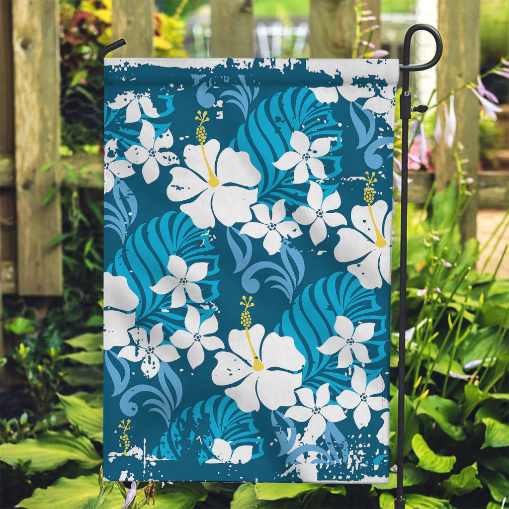Blue Hawaiian Hibiscus Monstera Garden Flag Grunge Stylized LT01 Garden Flag Blue - Polynesian Pride