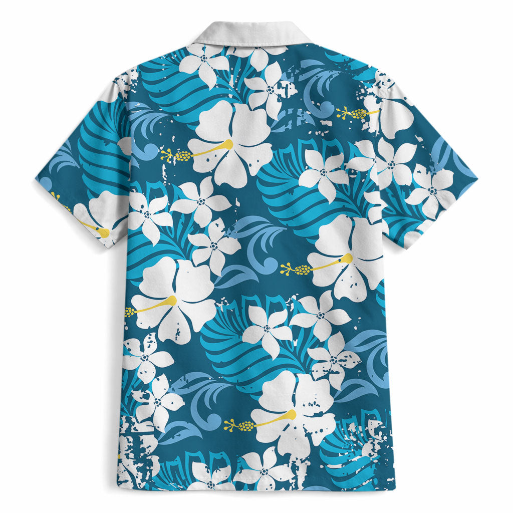 Blue Hawaiian Hibiscus Monstera Hawaiian Shirt Grunge Stylized LT01 - Polynesian Pride
