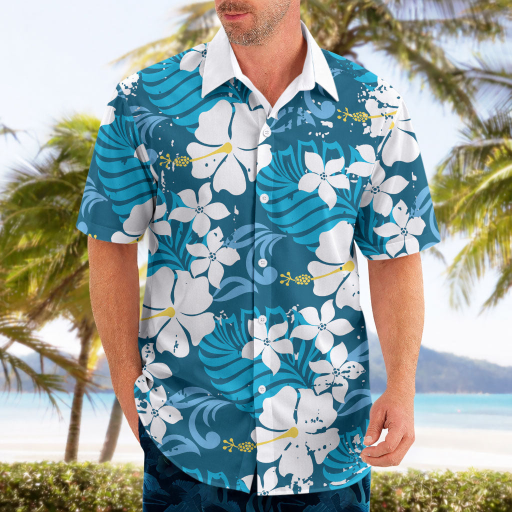 Blue Hawaiian Hibiscus Monstera Hawaiian Shirt Grunge Stylized LT01 - Polynesian Pride