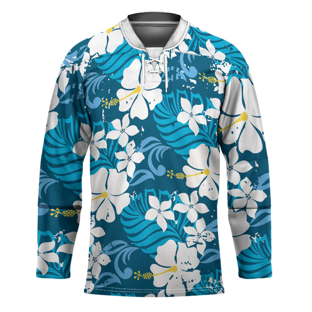 Blue Hawaiian Hibiscus Monstera Hockey Jersey Grunge Stylized LT01 Unisex Blue - Polynesian Pride