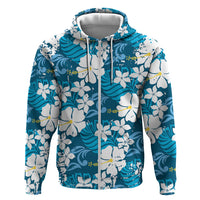 Blue Hawaiian Hibiscus Monstera Hoodie Grunge Stylized LT01 Zip Hoodie Blue - Polynesian Pride