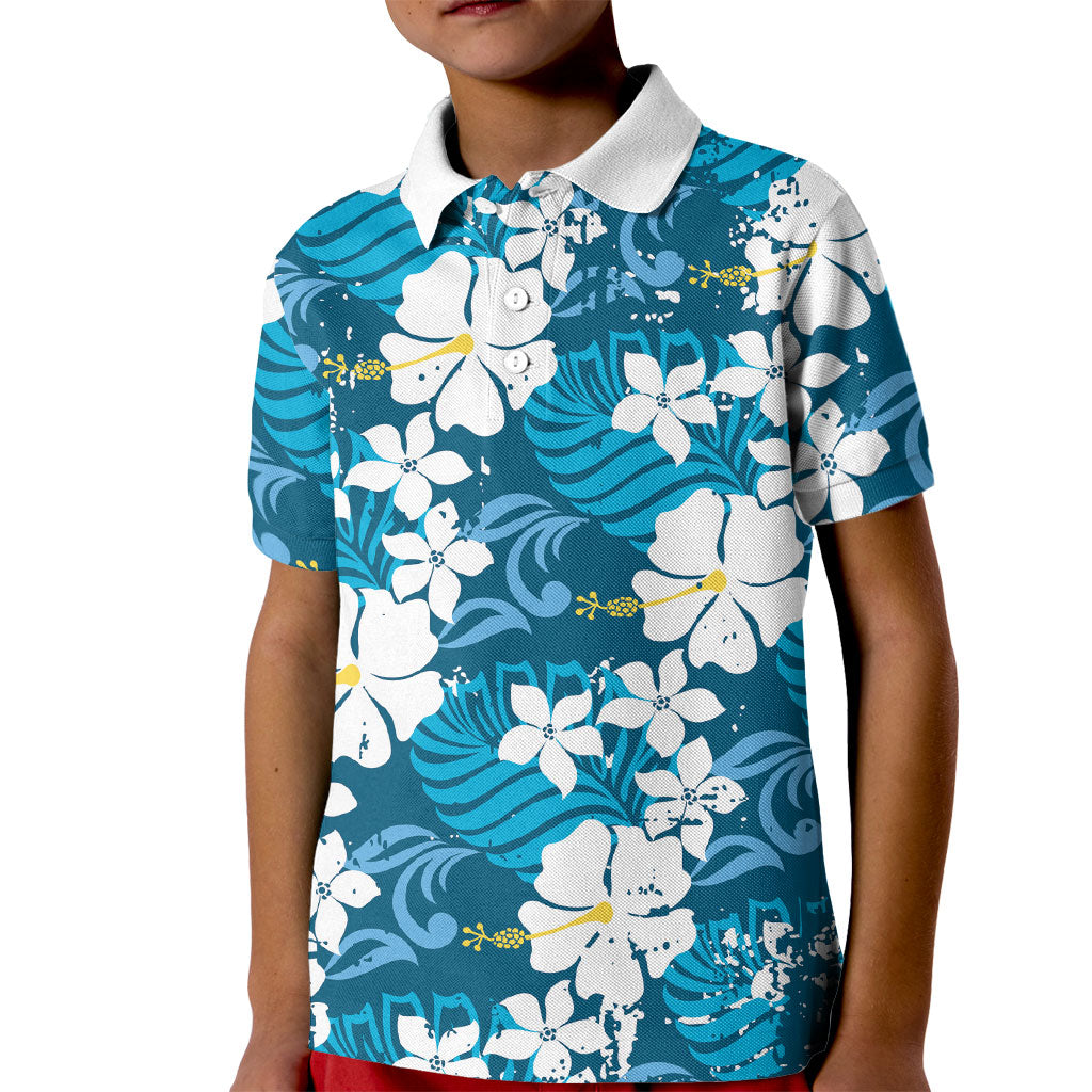 Blue Hawaiian Hibiscus Monstera Kid Polo Shirt Grunge Stylized LT01 Kid Blue - Polynesian Pride