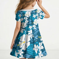 Blue Hawaiian Hibiscus Monstera Kid Short Sleeve Dress Grunge Stylized LT01 - Polynesian Pride