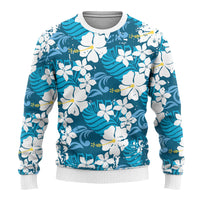 Blue Hawaiian Hibiscus Monstera Ugly Christmas Sweater Grunge Stylized LT01 - Polynesian Pride