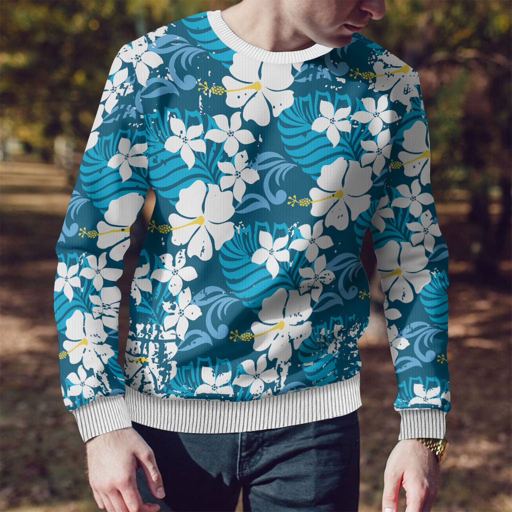 Blue Hawaiian Hibiscus Monstera Ugly Christmas Sweater Grunge Stylized LT01 - Polynesian Pride