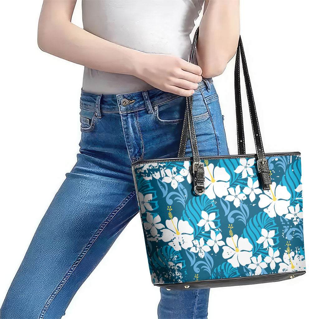 Blue Hawaiian Hibiscus Monstera Leather Tote Bag Grunge Stylized LT01 - Polynesian Pride