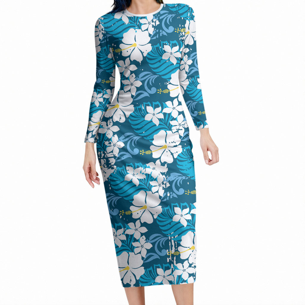 Blue Hawaiian Hibiscus Monstera Long Sleeve Bodycon Dress Grunge Stylized LT01 Long Dress Blue - Polynesian Pride